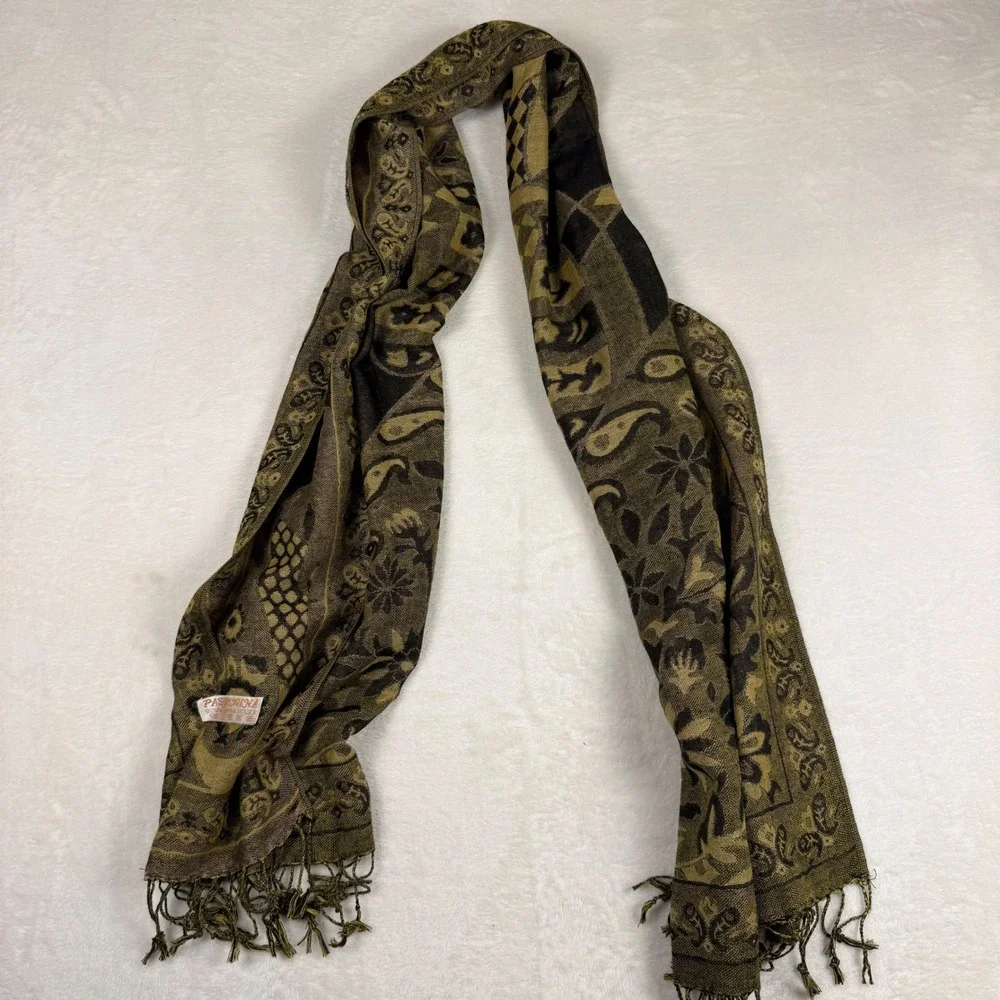Luxury Pashmina Silk Blend Scarf Shawl‎ Wrap Gold Black Paisley Floral Tassel